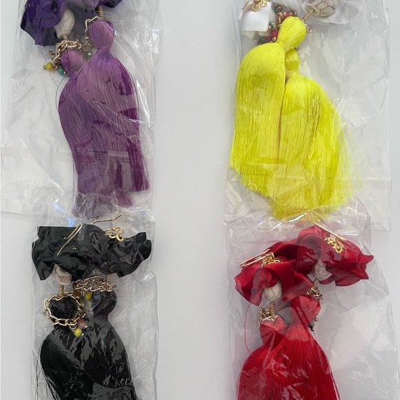 HALLOWEEN DAY OF THE DEAD LADY SKELETON Tassel DANGLE EARRINGS. Various Colors. - Picture 3 of 5